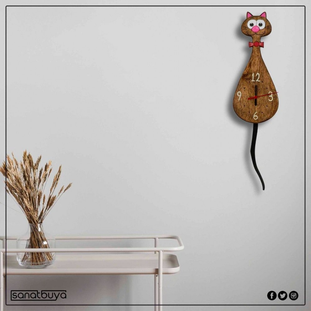 3 Boyutlu Sallanır Sarkaçlı Ahşap Kedi Saat
