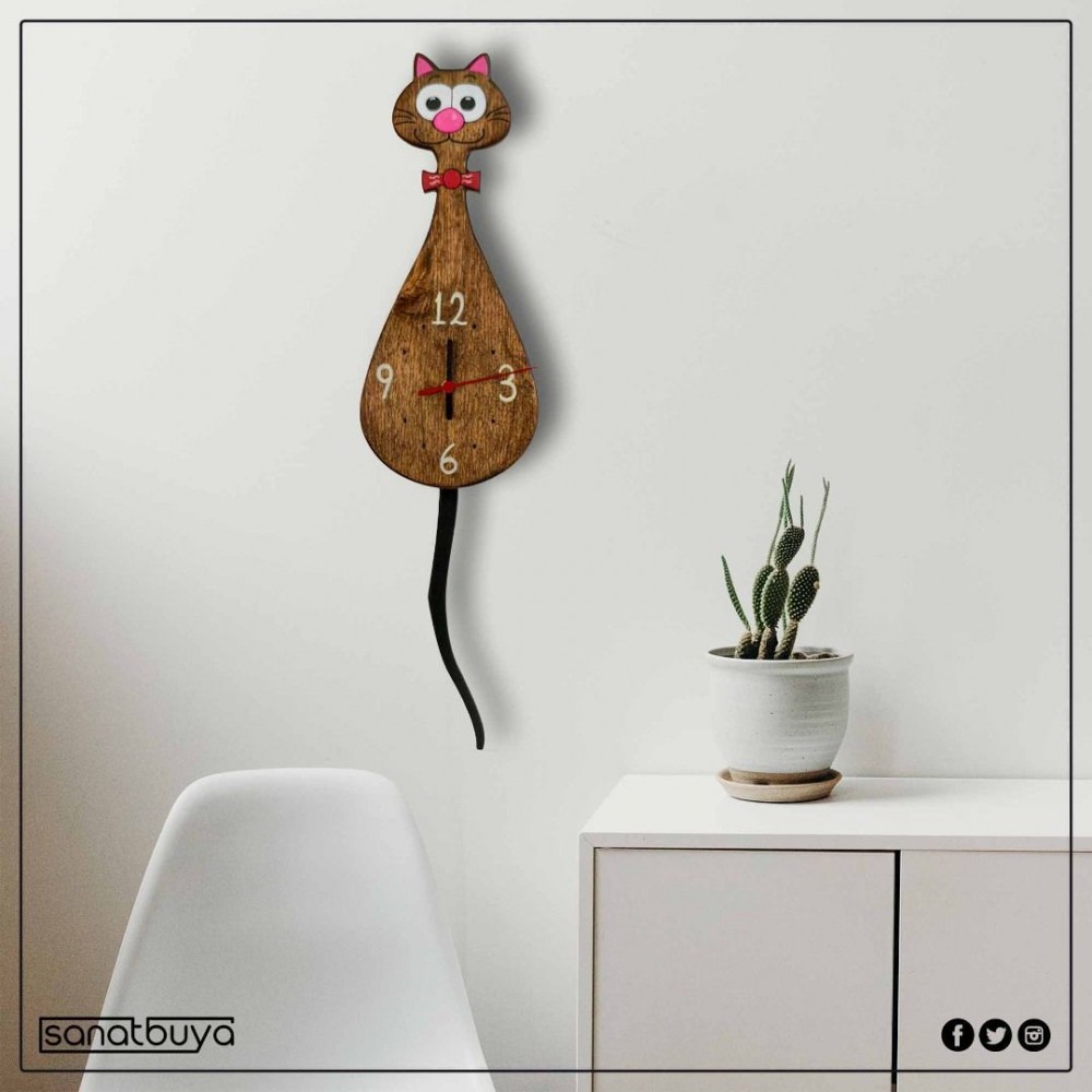 3 Boyutlu Sallanır Sarkaçlı Ahşap Kedi Saat