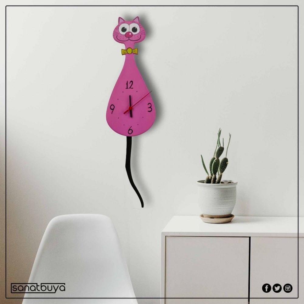 3 Boyutlu Sallanır Sarkaçlı Fuşya Kedi Saat
