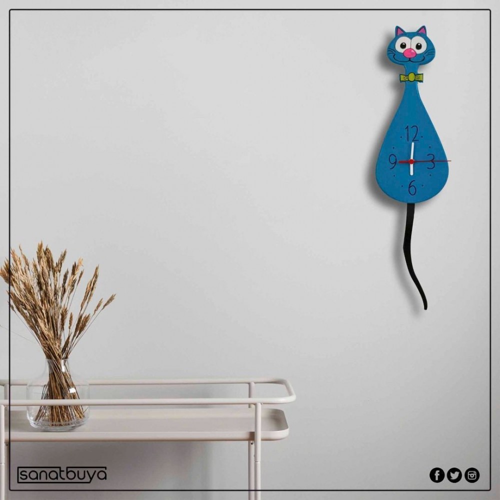3 Boyutlu Sallanır Sarkaçlı Turkuaz Kedi Saat