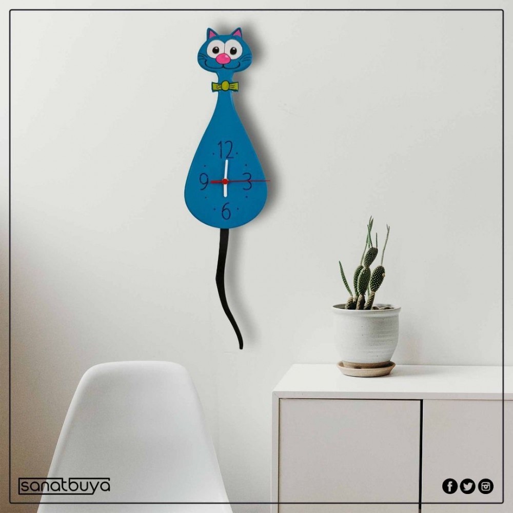 3 Boyutlu Sallanır Sarkaçlı Turkuaz Kedi Saat